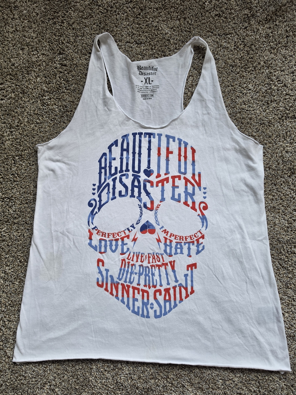 Rare Beautiful Disaster White Graphic Tank with Blue & Red Print